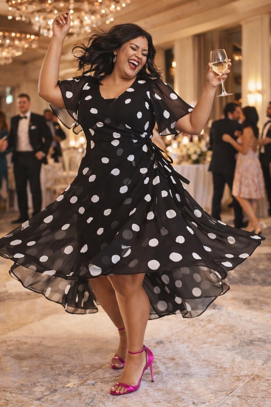 Estelle Begin Again Wrap Midi Dress - 2X Black Polka Dot Chiffon, Wedding Guest